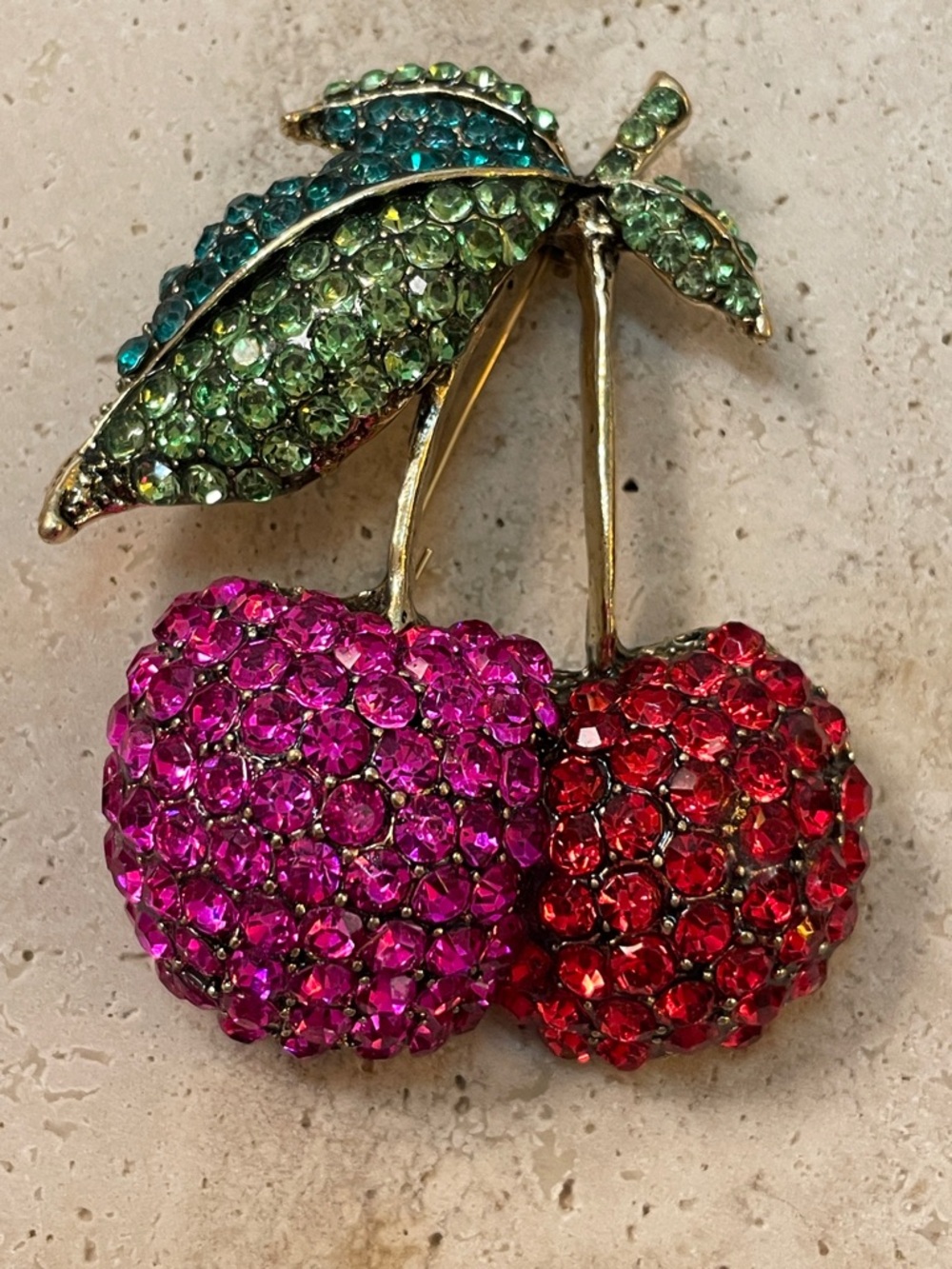 Anthropologie Sparkling Cherry Brooch in Pink, Red & Green
